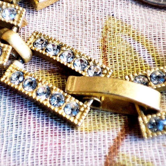 Unsigned Brass Tone Matte Clear Rhinestone Encrusted Rectangular Link Bracelet - Picture 9 of 14